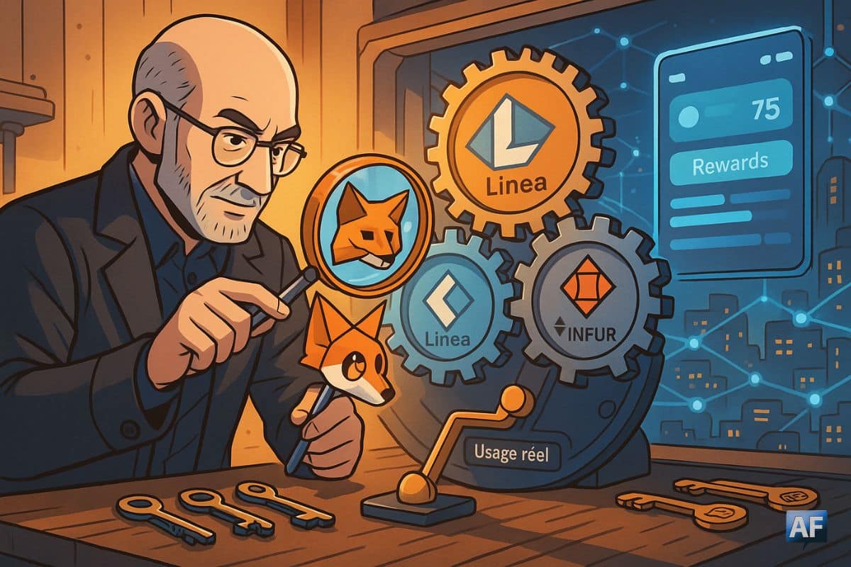 Dans un atelier futuriste, un horloger inspiré de Joseph Lubin ajuste des engrenages MetaMask–Linea–Infura devant une interface « Rewards », reliée à une cité-réseau par des câbles lumineux.