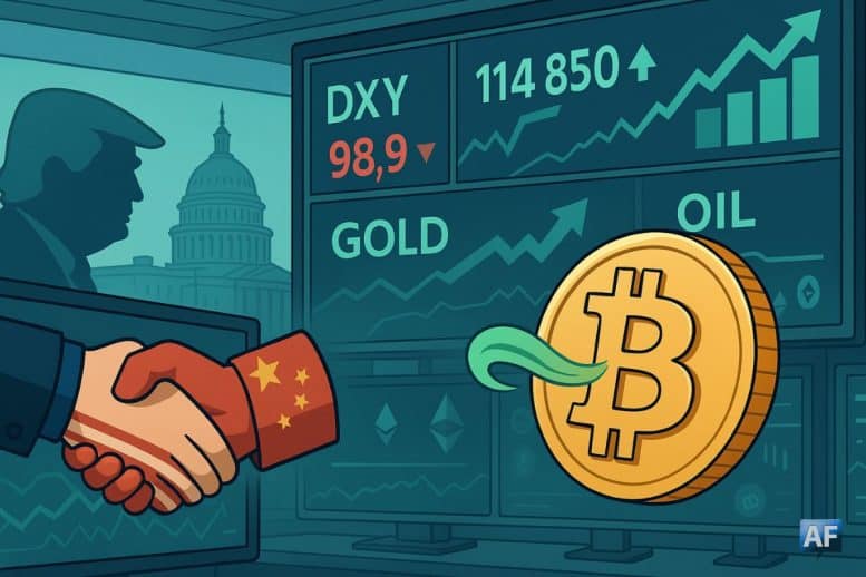 Salle de marché stylisée où une pièce Bitcoin “respire” tandis que des écrans montrent un dollar en repli, l’or élevé et un pétrole stable, avec une poignée de main USA-Chine en signe d’apaisement.