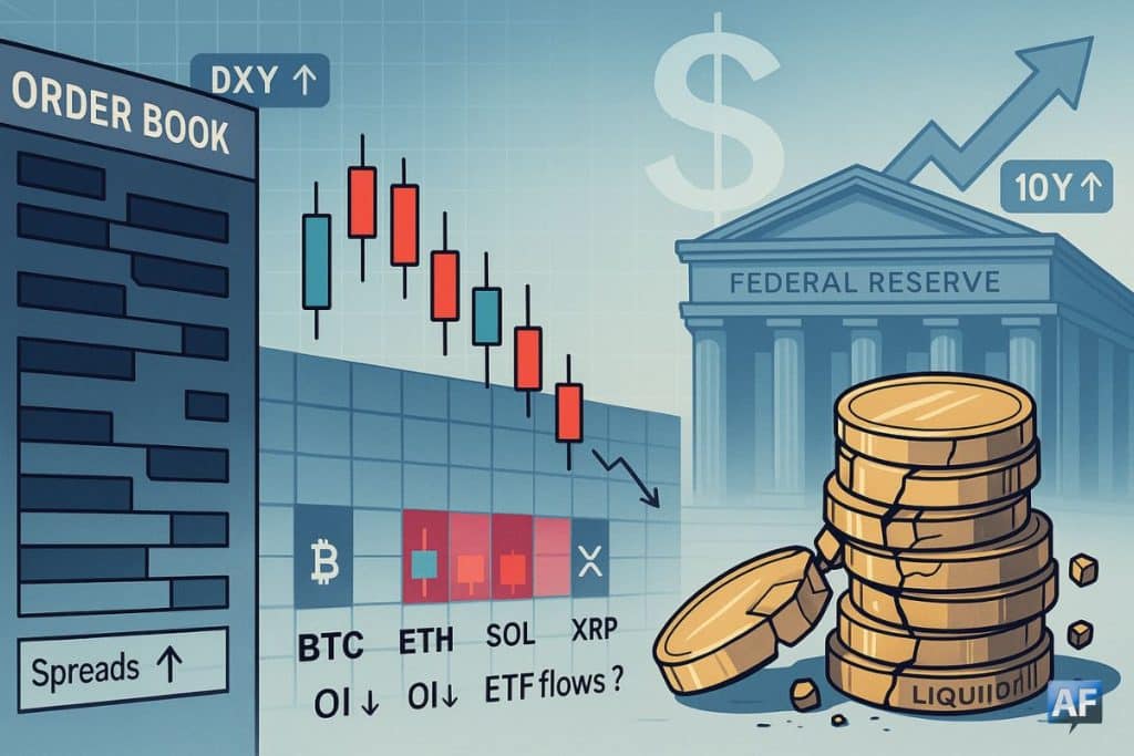 Un carnet d’ordres amaigri, un graphe qui décroche et la silhouette de la Fed symbolisent une liquidité en berne sous pression d’un dollar fort et de taux longs.