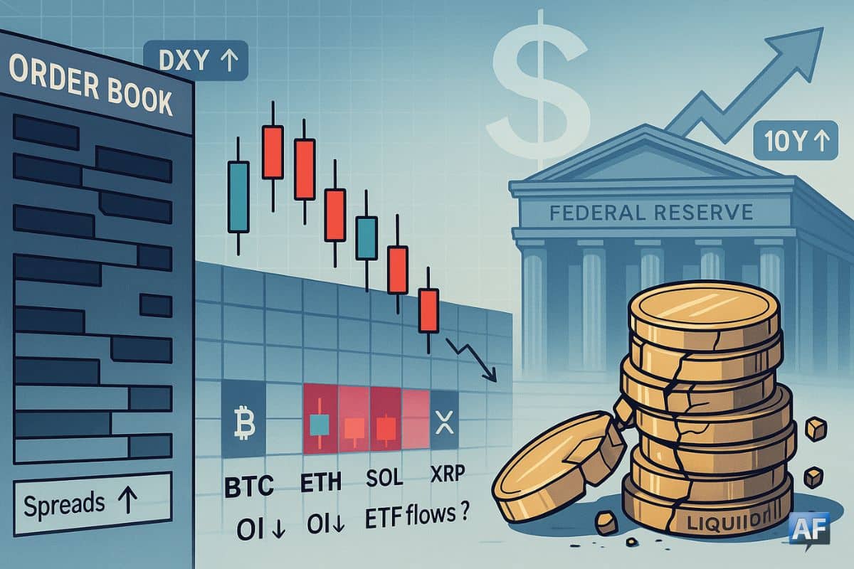 Un carnet d’ordres amaigri, un graphe qui décroche et la silhouette de la Fed symbolisent une liquidité en berne sous pression d’un dollar fort et de taux longs.