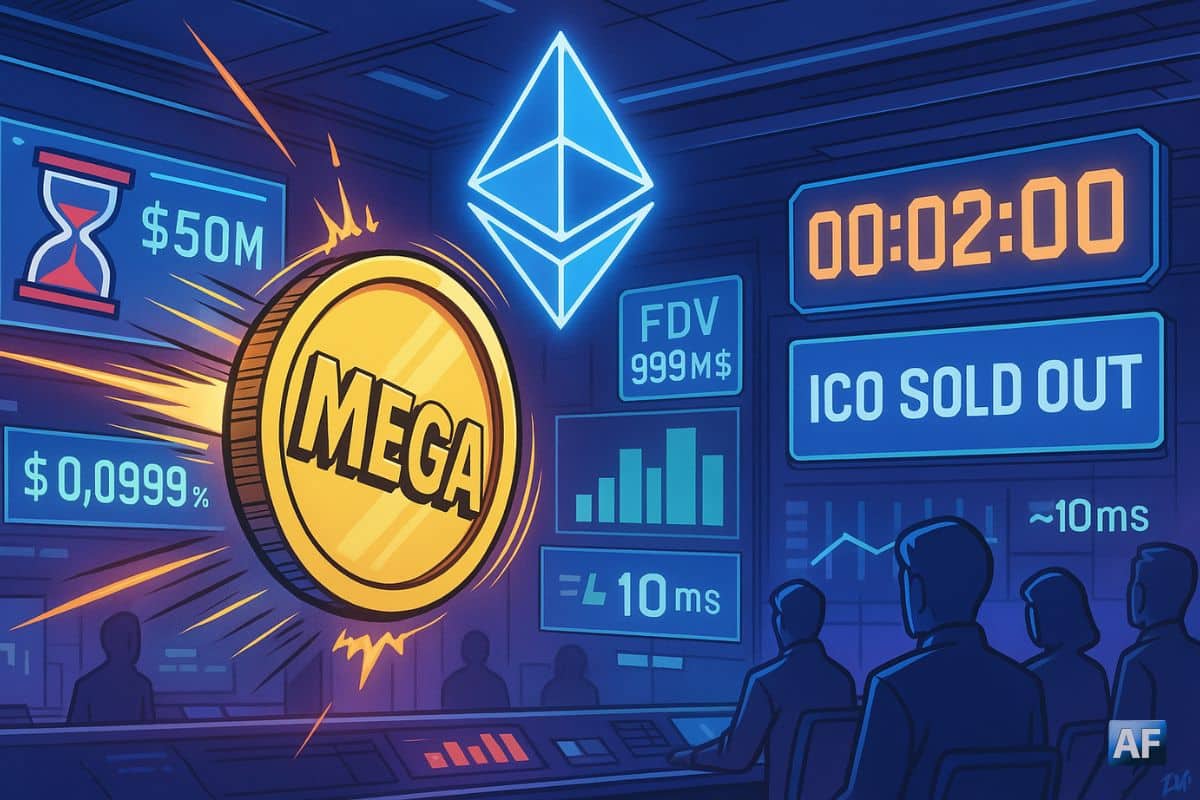 Un jeton « MEGA » jaillit dans une salle des marchés futuriste sous un totem Ethereum, tandis qu’un chrono « 00:02:00 » et un sablier « 72h » barré scellent une ICO sold out à 50 M$.