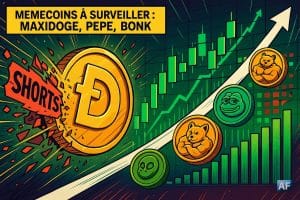 Une pièce Dogecoin perce un mur de « shorts » tandis que MAXIDOGE, PEPE et BONK suivent sur fond de chandeliers verts, volumes et open interest en forte hausse.
