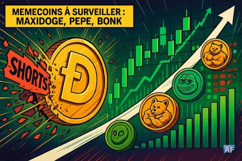 Une pièce Dogecoin perce un mur de « shorts » tandis que MAXIDOGE, PEPE et BONK suivent sur fond de chandeliers verts, volumes et open interest en forte hausse.