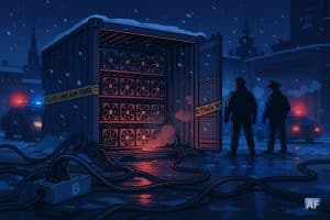 De nuit à Saint-Pétersbourg, des policiers inspectent un conteneur rempli de rigs de minage sous la neige, câbles arrachés luisants et gyrophares reflétés sur la glace.