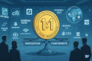 Salle de conseil futuriste : une pièce « 1:1 » équilibre « Innovation » et « Conformité », entourée d’hologrammes de grandes banques et d’un réseau blockchain aux devises du G7.