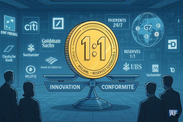 Salle de conseil futuriste : une pièce « 1:1 » équilibre « Innovation » et « Conformité », entourée d’hologrammes de grandes banques et d’un réseau blockchain aux devises du G7.
