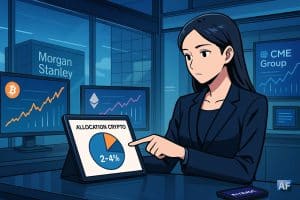Une conseillère Morgan Stanley présente sur tablette une allocation crypto de 2–4 % dans une salle de marché, avec écrans Bitcoin, Ethereum, CME Group et l’app E*TRADE en arrière-plan.