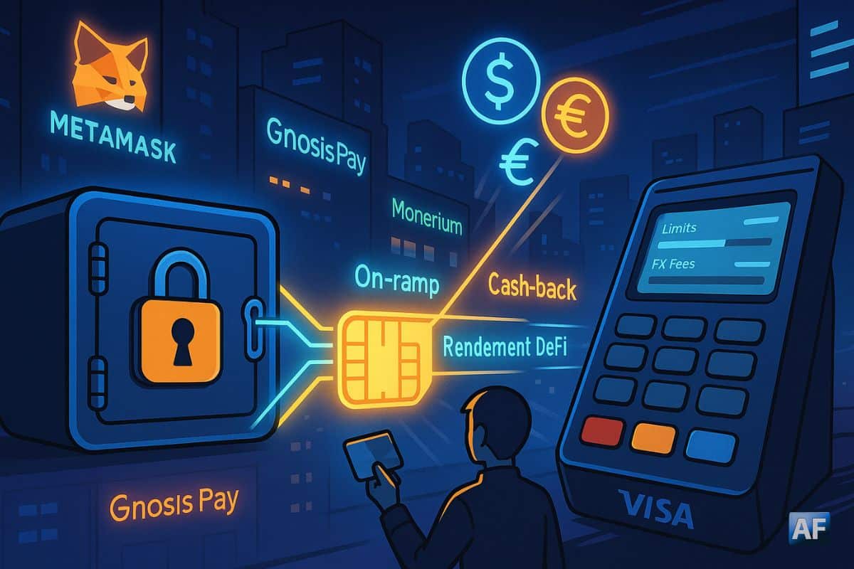 Un wallet-coffre relie ses fonds à un terminal via une puce-pont lumineuse, symbolisant des paiements carte en self-custody, avec MetaMask, Visa, EtherFi, Gnosis Pay et Monerium en enseignes discrètes.