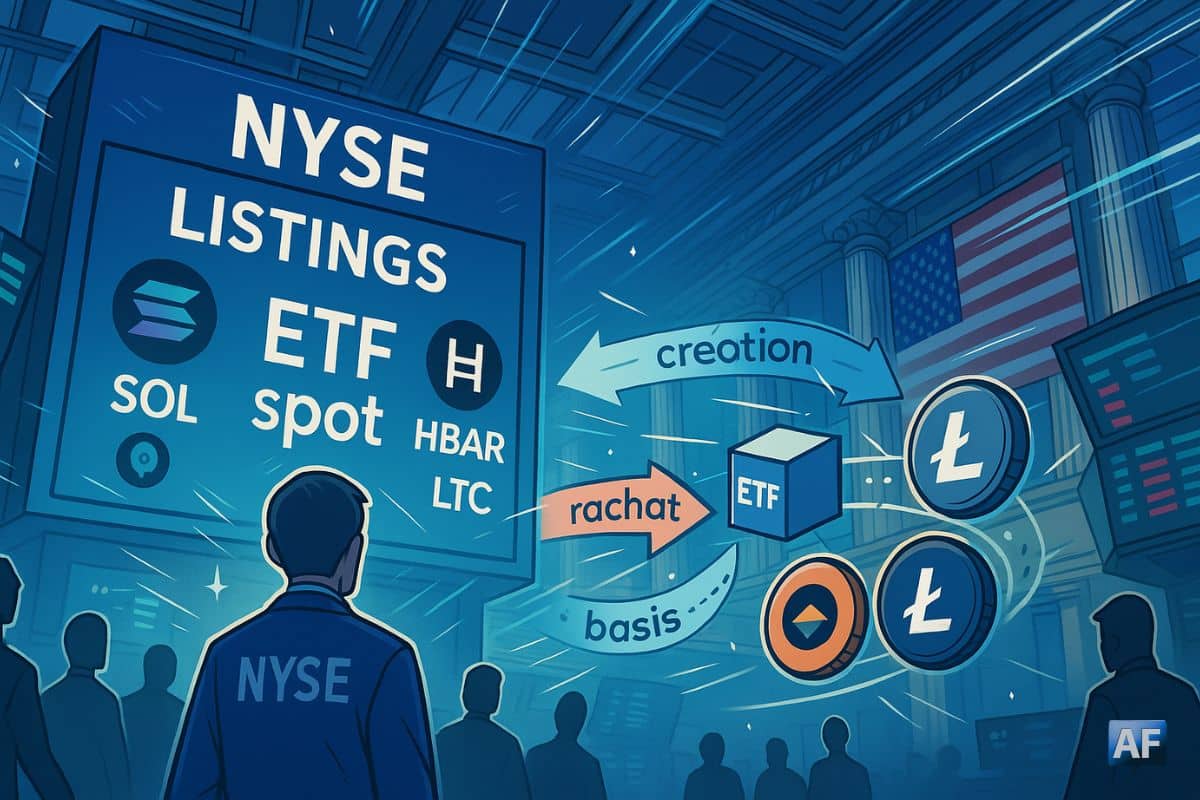 Sous la verrière du NYSE, un panneau “ETF spot — SOL / HBAR / LTC” s’illumine tandis que traders et icônes crypto se répondent dans une mise en scène manga de l’arbitrage.