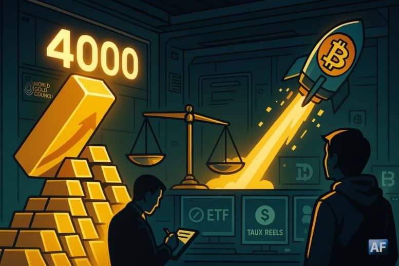 Une salle des coffres futuriste oppose la barre d’or franchissant « 4000 » à une fusée-Bitcoin prête au décollage, sous l’œil de deux silhouettes et d’écrans “ETF / taux réels / dollar”.
