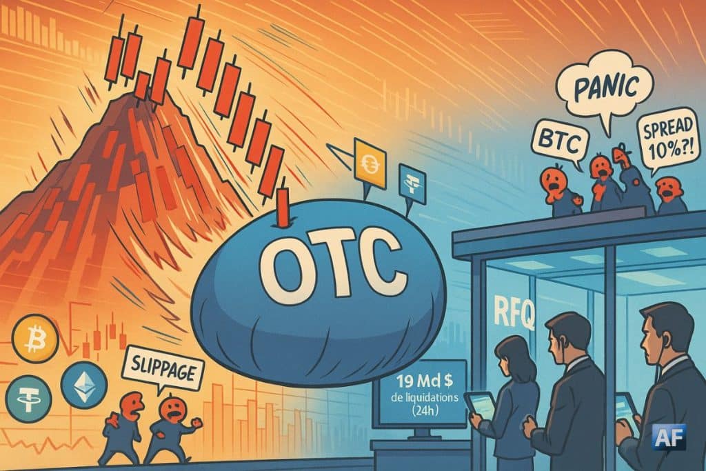 L’airbag “OTC” amortit une avalanche de chandeliers rouges, tandis que des traders négocient sereinement en salles RFQ — métaphore du rôle tampon des desks OTC lors des liquidations massives.