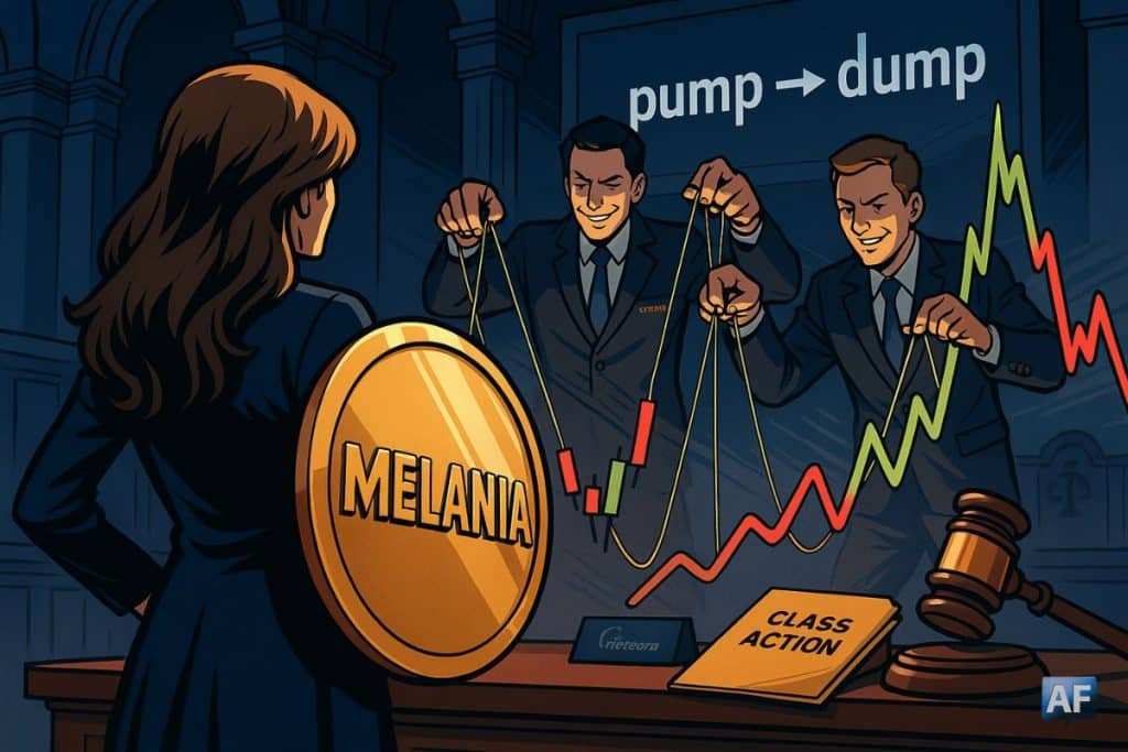 Dans une arène mi-tribunal mi-salle de marché, une silhouette évoquant Melania Trump brandit un bouclier « MELANIA » face à deux marionnettistes qui manipulent des bougies « pump → dump ».