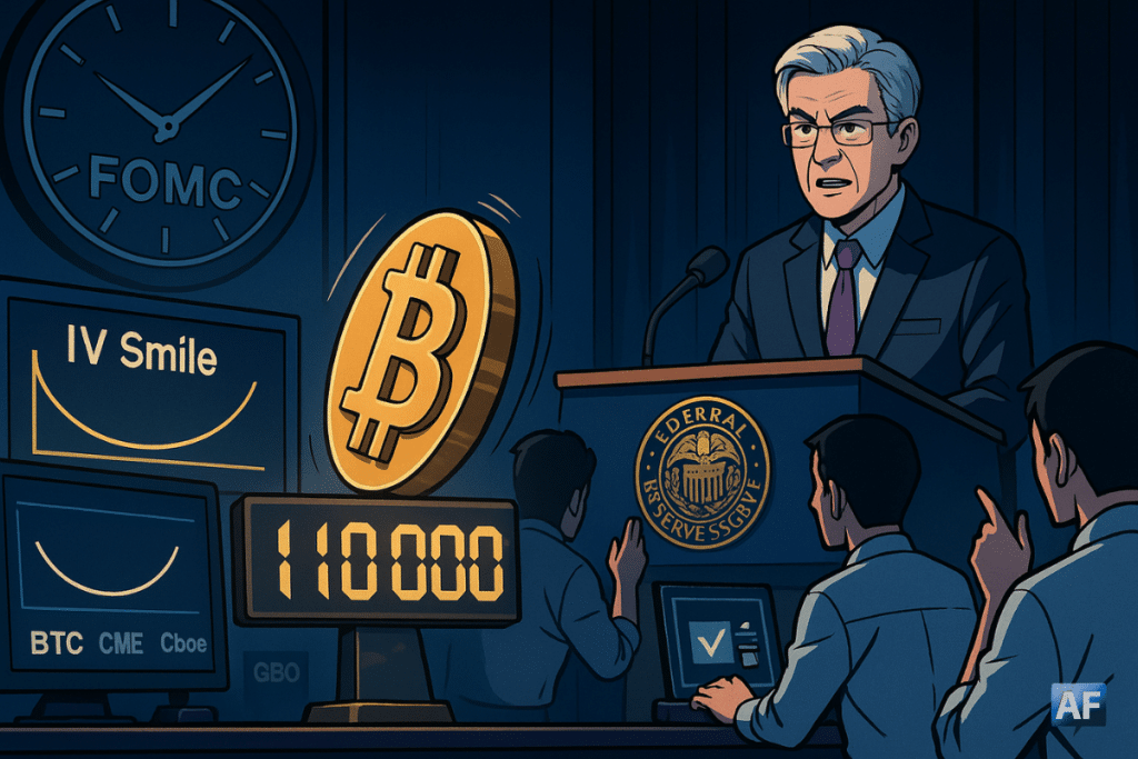 Totem ₿ vacillant devant « 110 000 », écrans « IV Smile »/« PUT » et Powell sous l’horloge FOMC plongent la salle de presse de la Fed dans une tension bleu nuit/ambre.