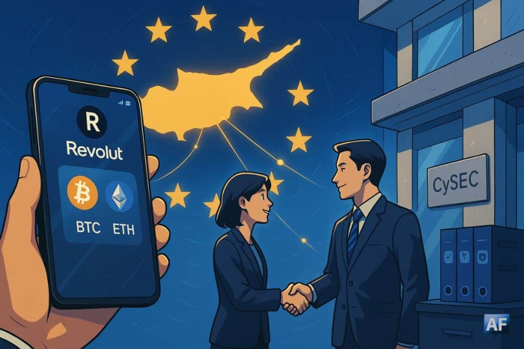 Un responsable de Revolut serre la main d'un agent de la CySEC, sur fond de drapeau européen avec Chypre au centre.