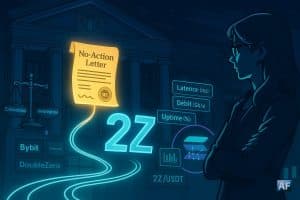Devant le fronton de la SEC, un parchemin holographique « No-Action Letter » éclaire un faisceau de fibre optique formant « 2Z », cerclé d’un halo Solana et d’interfaces réseau.