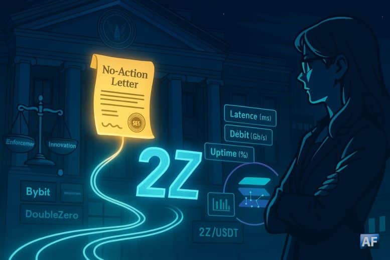Devant le fronton de la SEC, un parchemin holographique « No-Action Letter » éclaire un faisceau de fibre optique formant « 2Z », cerclé d’un halo Solana et d’interfaces réseau.