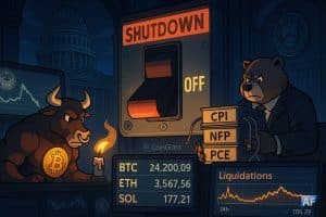 Dans la rotonde du Capitole, un interrupteur “Shutdown” plonge l’économie dans le noir tandis qu’un taureau Bitcoin et un ours bureaucrate s’affrontent devant des écrans crypto en surchauffe.