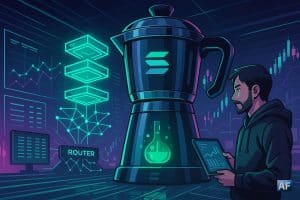 Un percolateur futuriste relié à des « slabs » néon et à un router en shards illustre Percolator, le DEX de perpétuels de Solana, avec un cameo discret d’Anatoly Yakovenko.