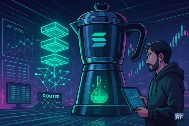 Un percolateur futuriste relié à des « slabs » néon et à un router en shards illustre Percolator, le DEX de perpétuels de Solana, avec un cameo discret d’Anatoly Yakovenko.
