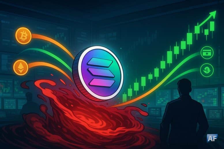 Un jeton Solana surgit d’un vortex de liquidations, tandis que des flux de capital convergent vers une chandelle verte sur fond de salle de trading stylisée.