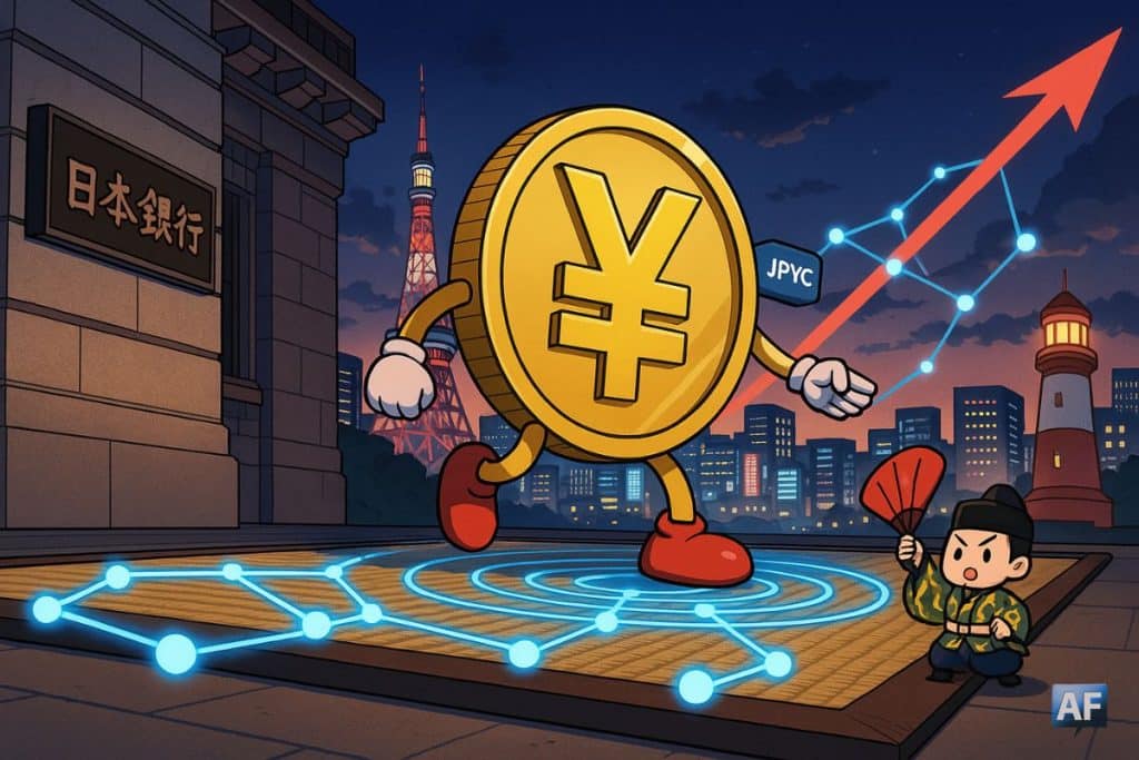 Une pièce ¥ façon jeton crypto fait un minuscule pas sur un tatami à Tokyo, déclenchant un réseau lumineux pour le stablecoin indexé au yen.