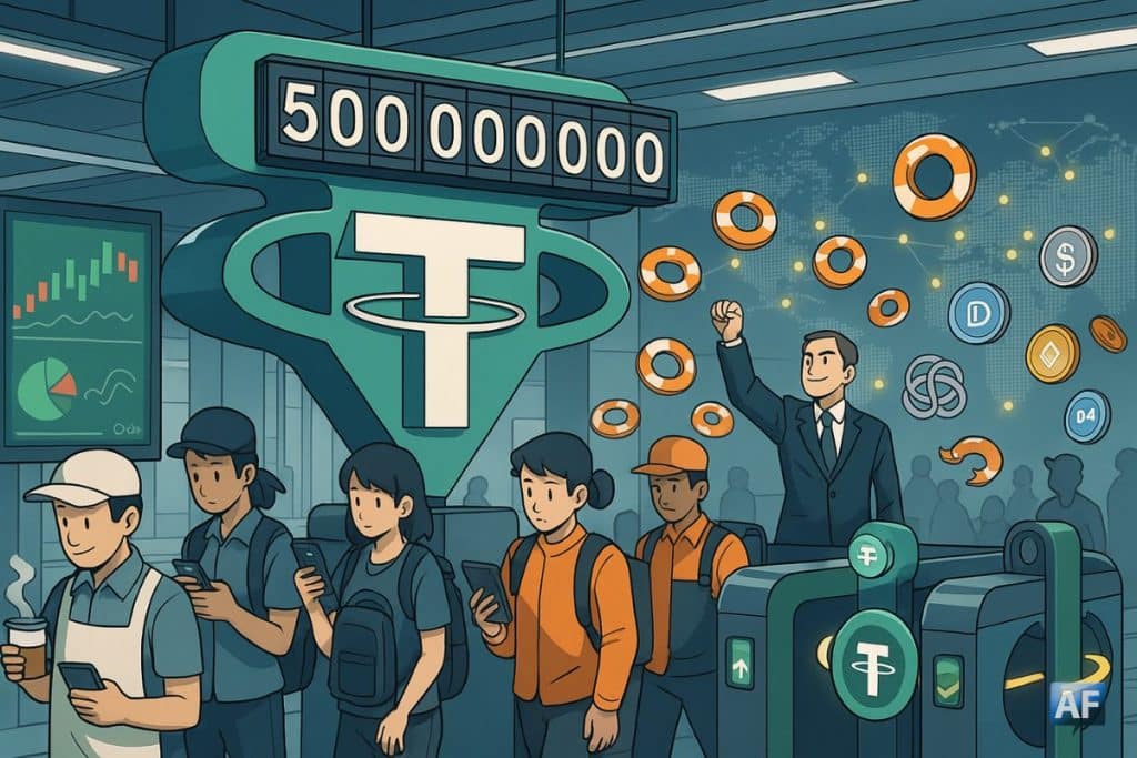 Une foule diverse franchit un portique futuriste aux couleurs de Tether sous un compteur « 500 000 000 », symbole de l’adoption mondiale des stablecoins.