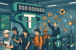 Une foule diverse franchit un portique futuriste aux couleurs de Tether sous un compteur « 500 000 000 », symbole de l’adoption mondiale des stablecoins.