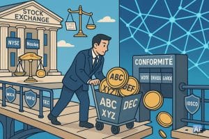 Un pont symbolique relie une Bourse classique au réseau blockchain tandis qu’un cadre pousse un chariot de jetons vers un tourniquet “Conformité”, où les volets “Vote”, “Dividende” et “Garde” révèlent les failles de protection.