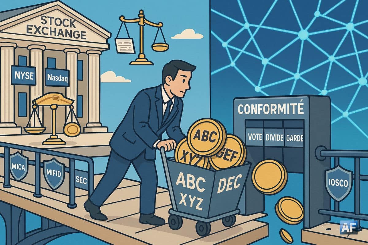 Un pont symbolique relie une Bourse classique au réseau blockchain tandis qu’un cadre pousse un chariot de jetons vers un tourniquet “Conformité”, où les volets “Vote”, “Dividende” et “Garde” révèlent les failles de protection.