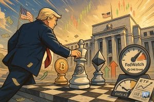 Donald Trump déplace une pièce « Fed » sur un échiquier devant le siège de la Réserve fédérale, tandis que les symboles Bitcoin/Ethereum et un cadran FedWatch évoquent deux baisses de taux.