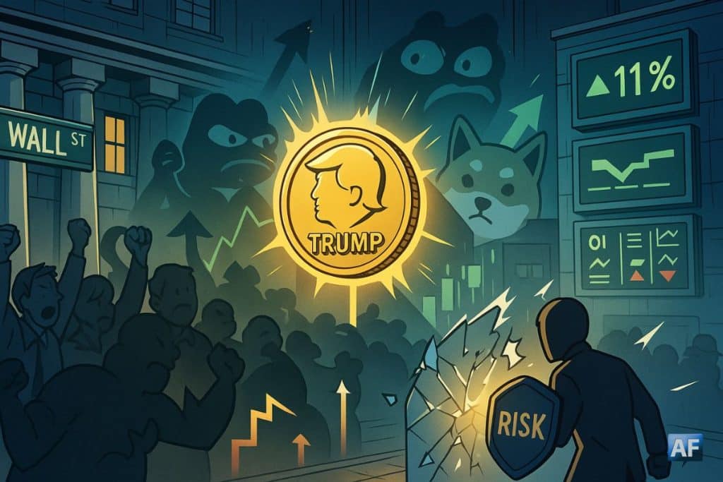 Devant une façade façon Wall Street, un jeton doré “TRUMP” irradie une foule partagée bull/bear tandis que des silhouettes mèmes (grenouille, shiba) s’éveillent et des écrans OI/Funding/Skew affichent +11 %.