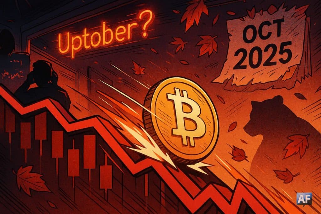 Une pièce Bitcoin dévale un graphique rouge sous un néon « Uptober ? » vacillant, entre feuilles d’automne et ombre d’ours, symbolisant la pression baissière d’octobre 2025.