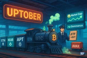 Une locomotive Bitcoin fonce sous l’enseigne “Uptober” tandis que les wagons ETH, NEAR et APT le dépassent sur une voie adjacente, un agent brandissant “ETF — OCT” et AVAX fermant la marche.