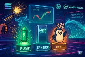 Une arène crypto futuriste met en scène PUMP, SPX6900 et PENGU sur des podiums néon, un pistolet “Uptober” tirant le départ sous un taureau lumineux et un tableau “24h Vol” en plein essor.
