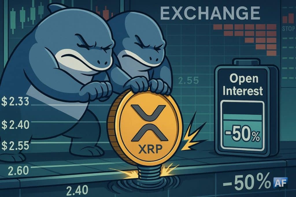 Deux baleines stylisées compriment la barre des 2,40 $ tandis qu’une pièce XRP prête à jaillir suggère un rebond technique malgré un open interest en chute de 50 %.