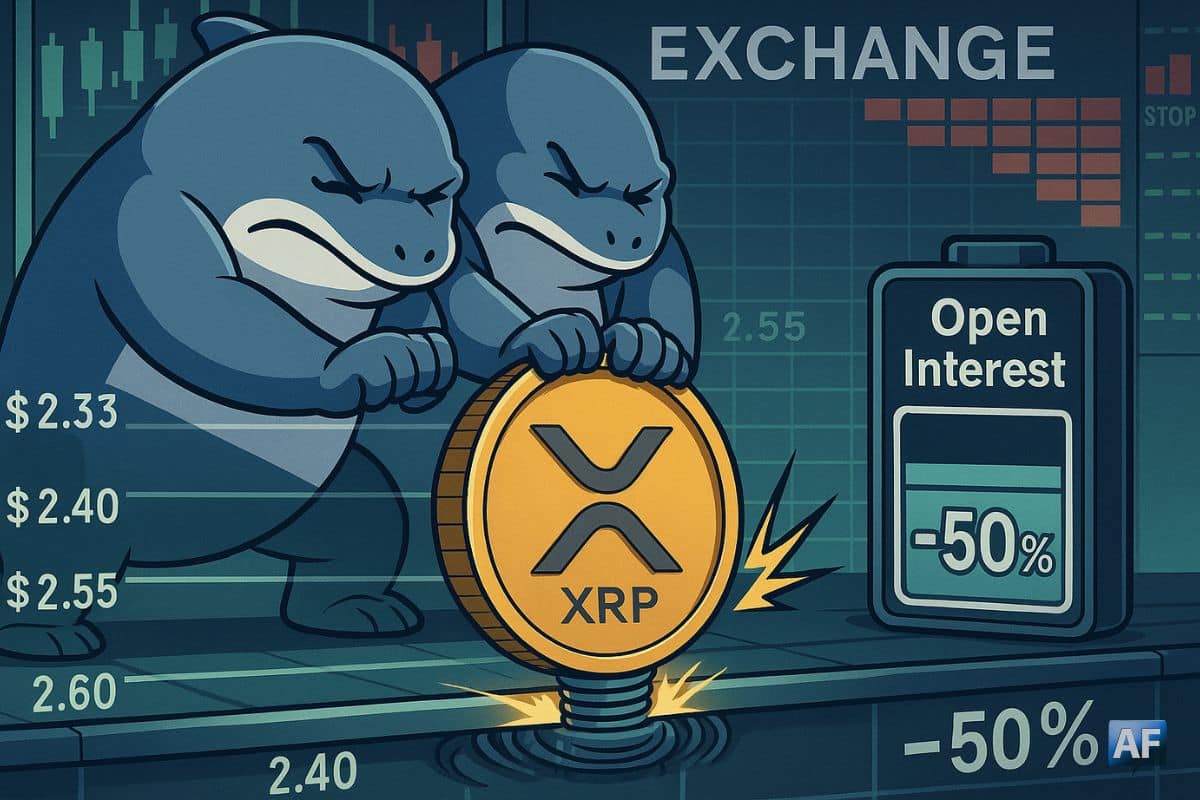 Deux baleines stylisées compriment la barre des 2,40 $ tandis qu’une pièce XRP prête à jaillir suggère un rebond technique malgré un open interest en chute de 50 %.