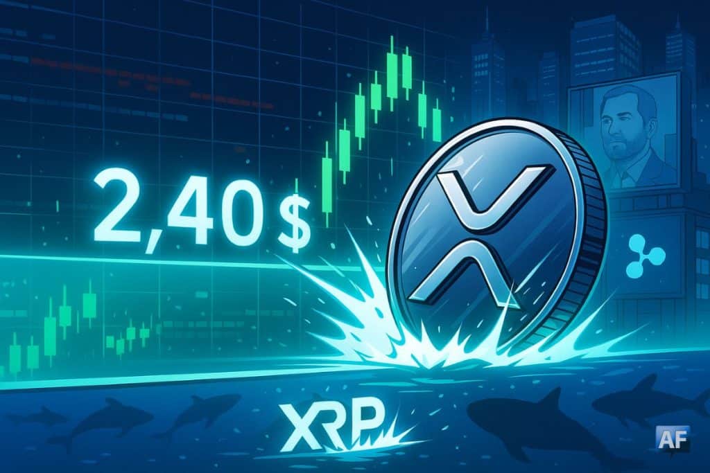 Une pièce XRP chromée transperce la barrière « 2,40 $ », tandis que des chandeliers verts s’embrasent devant une heatmap de carnet d’ordres sur une skyline techno bleutée.