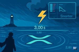 Une mer en forme de logo XRP reflète le seuil « 3,00 $ » tandis qu’un orage dessine une flèche-éclair vers « 3,60 $ », avec un HUD de trading.