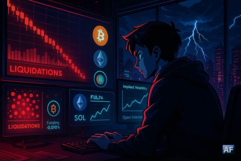 Salle de marché nocturne en style BD/Manga, écrans rougeoyants montrant chandeliers en chute, heatmap de liquidations et logos BTC/ETH/SOL au néon, symbolisant la purge des positions longues.