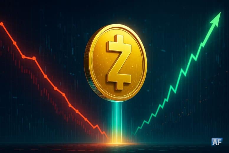 Pièce Zcash dorée en forte hausse devant un graphique rouge de marché crypto en baisse, illustrant la surperformance de ZEC.