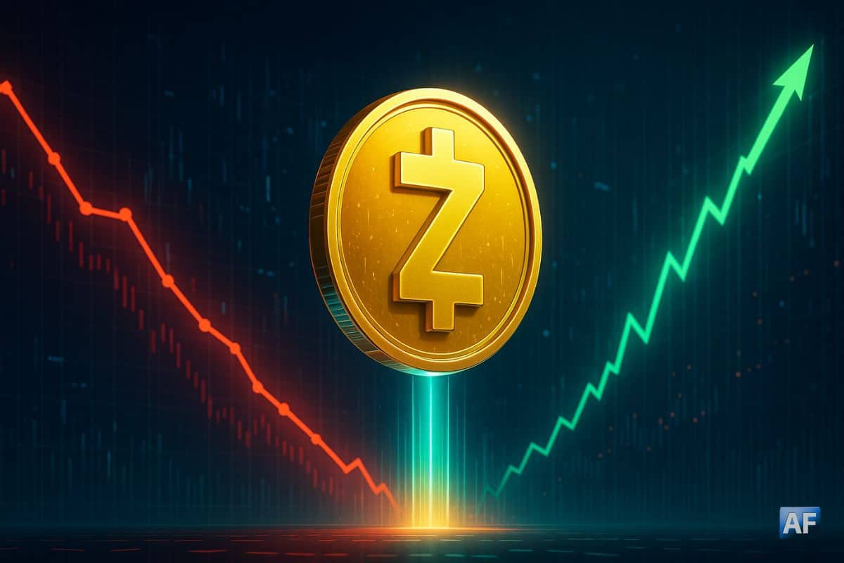 Pièce Zcash dorée en forte hausse devant un graphique rouge de marché crypto en baisse, illustrant la surperformance de ZEC.