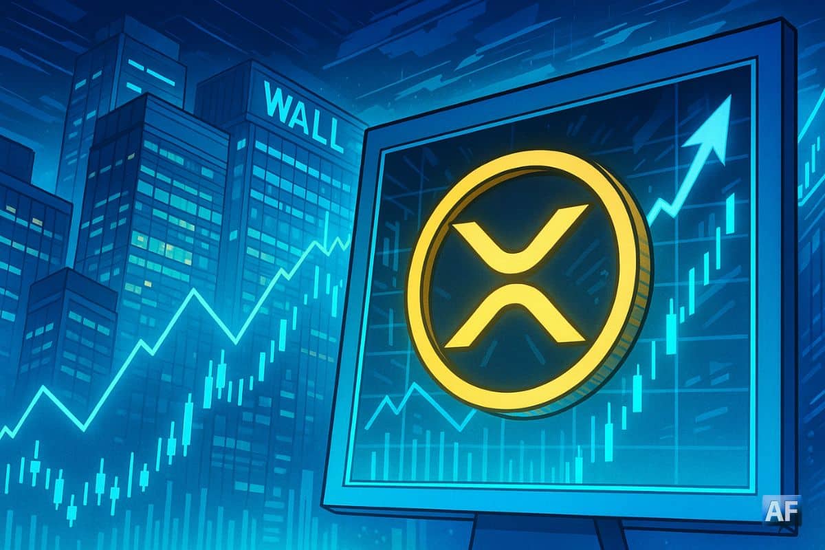 Logo XRP illuminé sur fond de marchés boursiers haussiers symbolisant l’arrivée des ETF XRP aux États-Unis