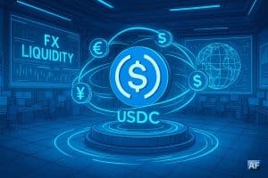 Salle de marché futuriste illustrant la liquidité FX mondiale autour du stablecoin USDC.