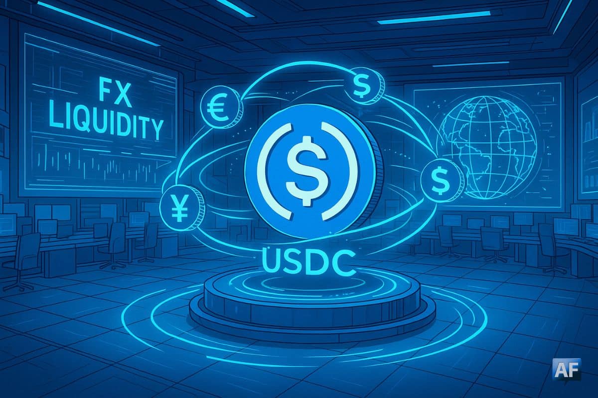 Salle de marché futuriste illustrant la liquidité FX mondiale autour du stablecoin USDC.