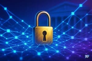 Illustration numérique représentant un cadenas doré relié à un réseau blockchain lumineux, sur fond bleu et violet, évoquant les enjeux de contrôle et de sécurité des blockchains identifiés par Bybit Lazarus.