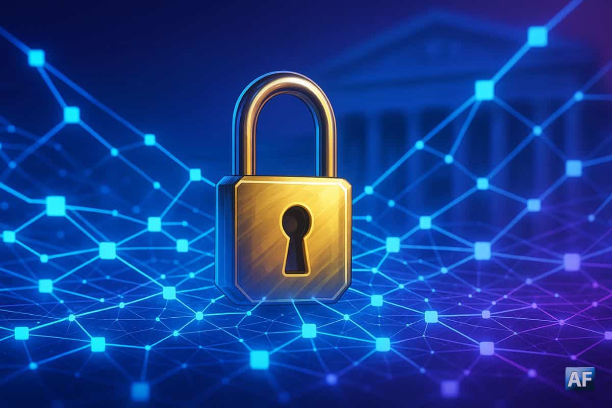 Illustration numérique représentant un cadenas doré relié à un réseau blockchain lumineux, sur fond bleu et violet, évoquant les enjeux de contrôle et de sécurité des blockchains identifiés par Bybit Lazarus.