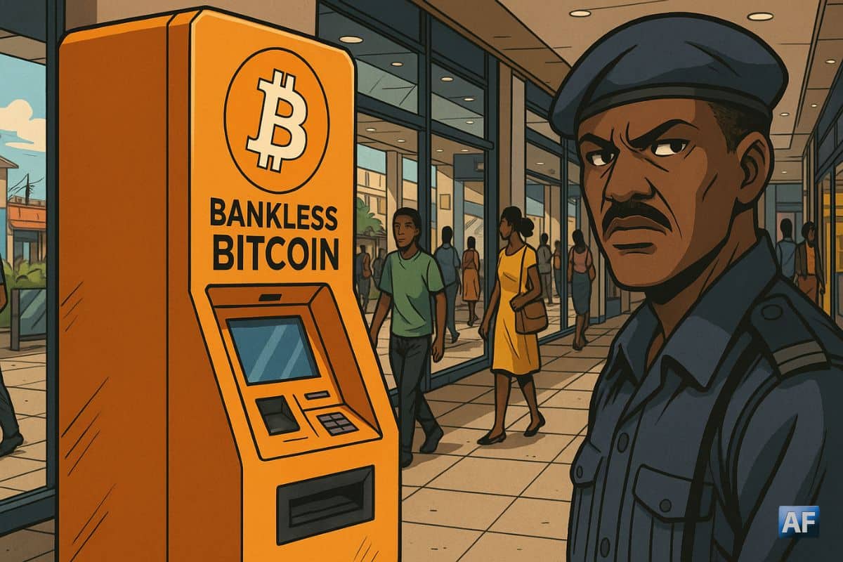 Distributeur automatique de Bitcoin dans un centre commercial de Nairobi sous tension réglementaire.