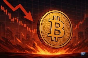 Illustration d’un Bitcoin devant un graphique baissier symbolisant la correction du marché crypto.