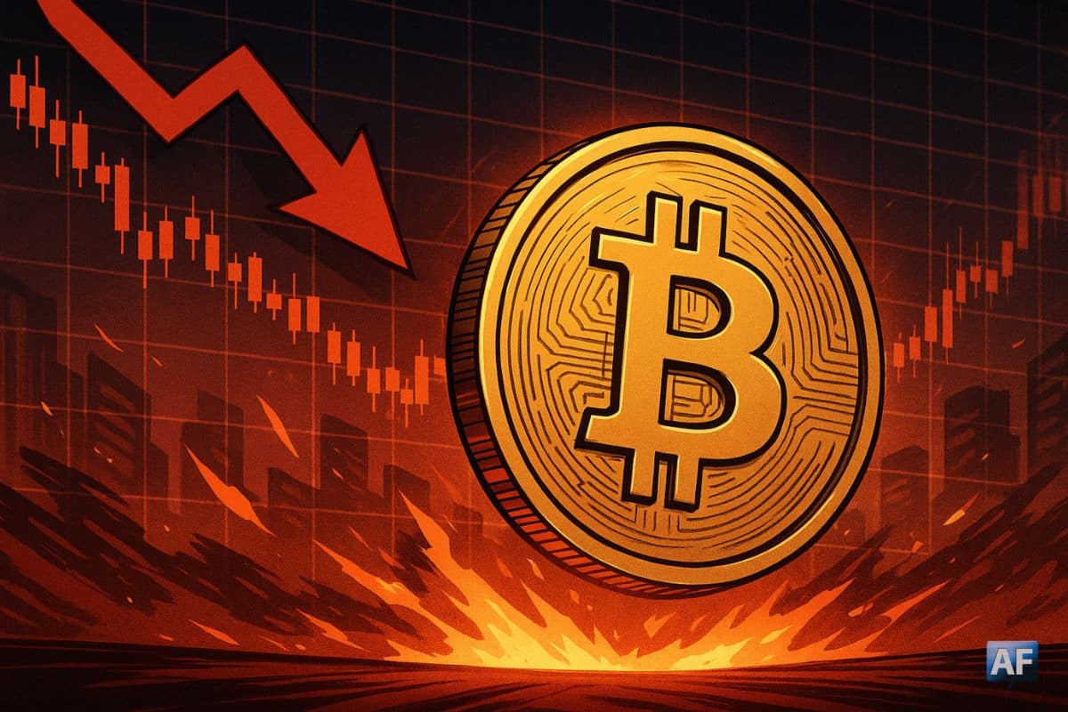 Illustration d’un Bitcoin devant un graphique baissier symbolisant la correction du marché crypto.