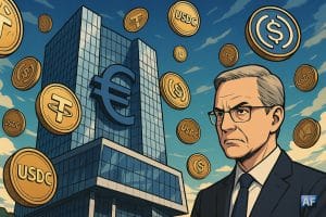 Bâtiment de la Banque centrale européenne entouré de stablecoins flottants.
